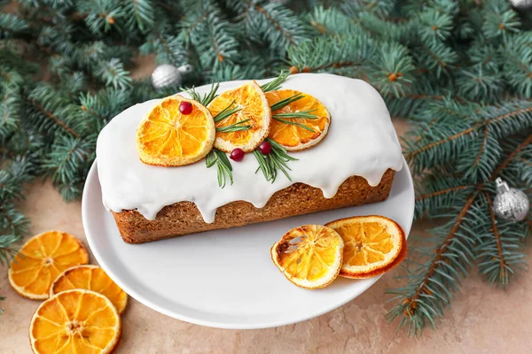 Dessert Stand Tasty Christmas Stollen Fir Branches Color Background — Stock Photo, Image