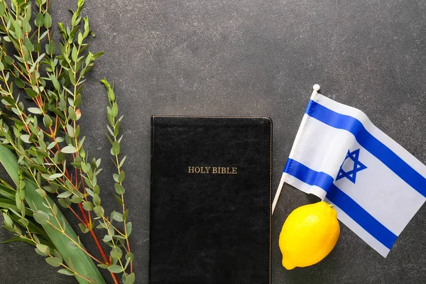 Sukkot festival sembolleri, İsrail bayrağı ve gri arkaplanda İncil