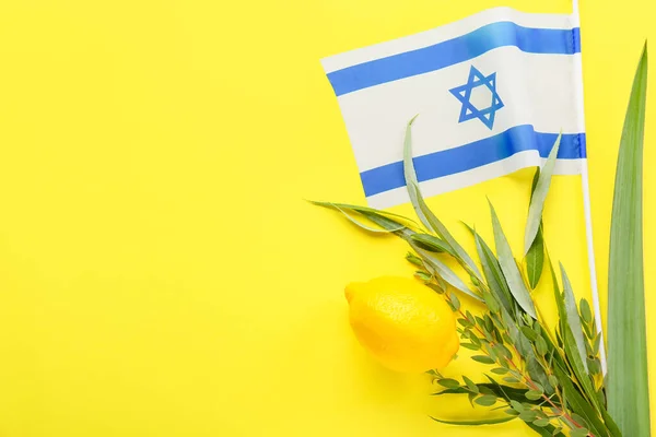 Símbolos Del Festival Sukkot Bandera Israel Sobre Fondo Color — Foto de Stock