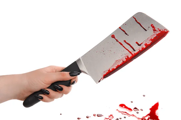 Weibliche Hand Mit Blutverschmiertem Messer Auf Weißem Hintergrund — Stockfoto