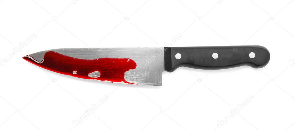 Bloodstained knife on white background