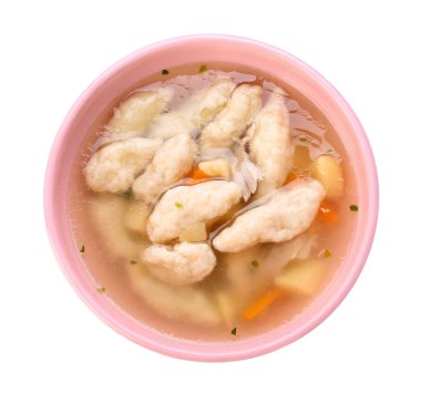 Beyaz arka planda izole edilmiş bir kase lezzetli hamur çorbası.