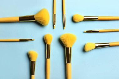 Mavi arka planda farklı stil makyaj fırçaları