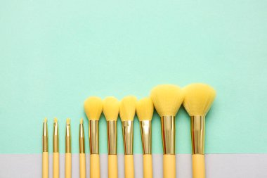 Renkli arkaplanda farklı güzel makyaj fırçaları