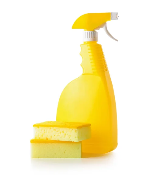 Gele Reinigingssponzen Fles Wasmiddel Witte Ondergrond — Stockfoto