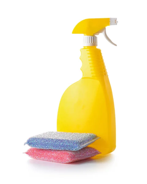 Cleaning Sponges Bottle Detergent White Background — Stock Photo, Image