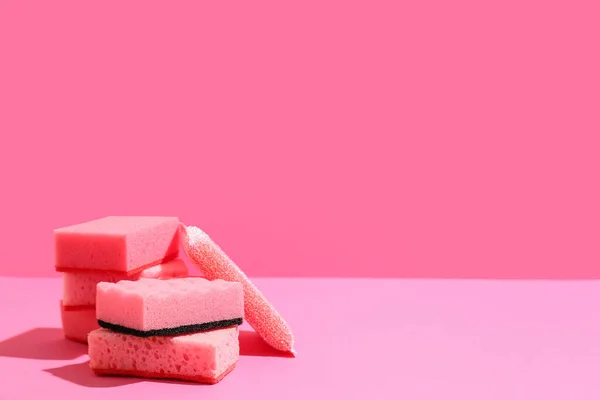 Pink Cleaning Sponges Color Background — Stock Photo, Image