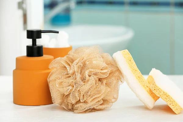 Bath Sponges Bottle Cosmetic Product Table Bathroom Closeup — Stock Photo, Image