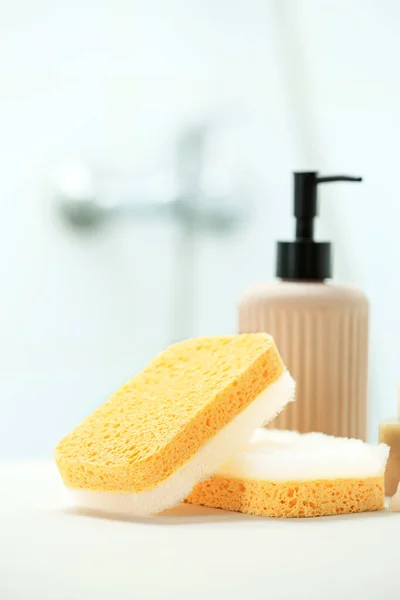 Bath Sponges Bottle Cosmetic Product Table Bathroom Closeup — Stock Photo, Image