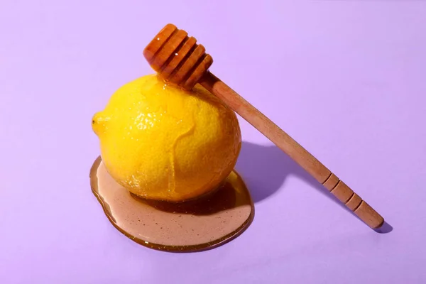 Ripe Lemon Honey Dipper Color Background — Stock Photo, Image