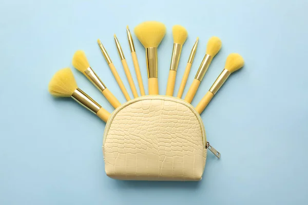Different Makeup Brushes Cosmetic Bag Color Background — Stock Photo, Image
