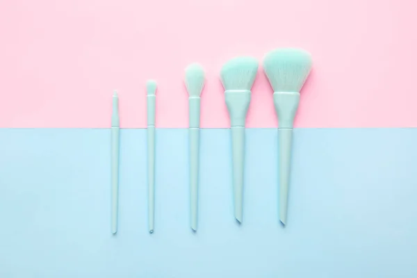 Set Beautiful Makeup Brushes Color Background — Stock Photo, Image