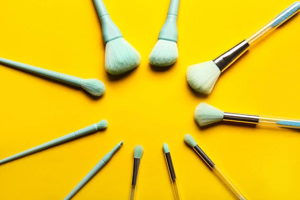 Frame Made Stylish Makeup Brushes Yellow Background — Stock Photo, Image