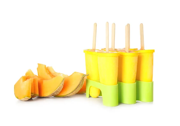Container Tasty Melon Popsicles White Background — Stock Photo, Image