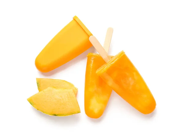 Tasty Melon Popsicles White Background — Stock Photo, Image