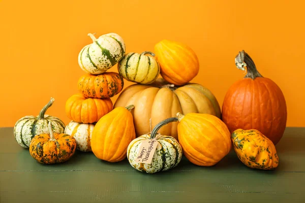 Different Pumpkins Tag Text Happy Thanksgiving Green Wooden Table — Stock Photo, Image