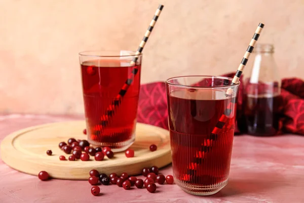 Glasses Tasty Cranberry Juice Color Background — Stock Photo, Image