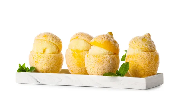 Plate Tasty Ice Creams Lemon Peels White Background — Stock Photo, Image