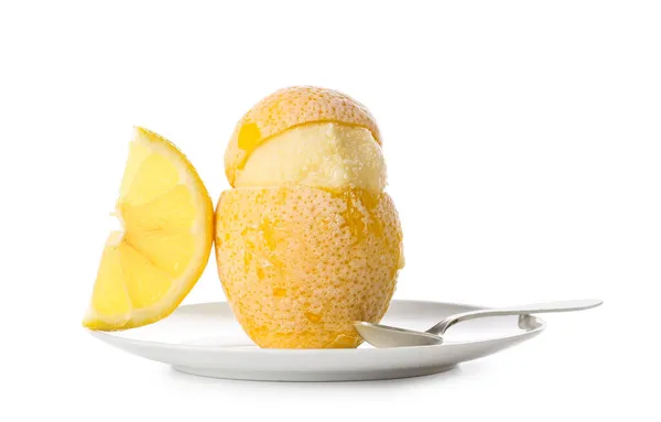 Plate Tasty Ice Cream Lemon Peel White Background — Stock Photo, Image