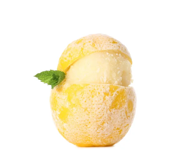 Tasty Ice Cream Lemon Peel White Background — Stock Photo, Image