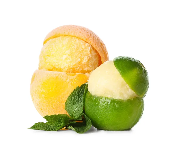 Tasty Ice Cream Lime Orange Peel White Background — Stock Photo, Image