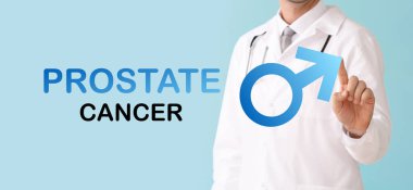 Açık mavi arkaplan üzerinde erkek sembolü ve metin PROSTATE CANCER 