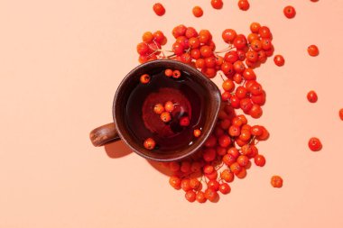 Renkli arkaplanda bir fincan lezzetli Rowan çayı ve dut.