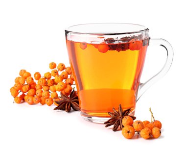 Beyaz arka planda izole edilmiş bir bardak lezzetli Rowan çayı ve böğürtlen