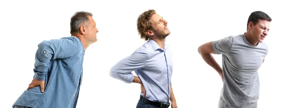 Hombres Sintiendo Dolor Espalda Sobre Fondo Blanco —  Fotos de Stock