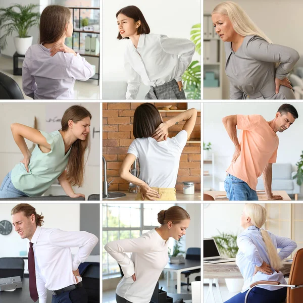 Collage Con Personas Que Sienten Dolor Espalda — Foto de Stock