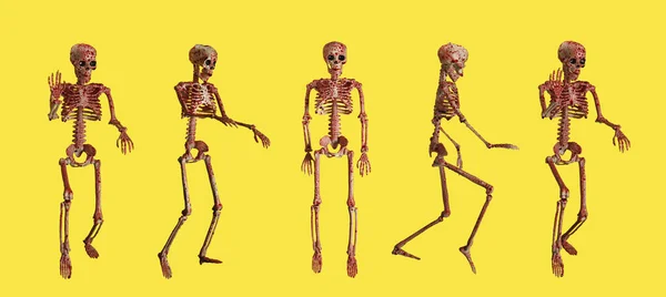 Set Van Bloedbevlekte Menselijke Skeletten Gele Achtergrond — Stockfoto