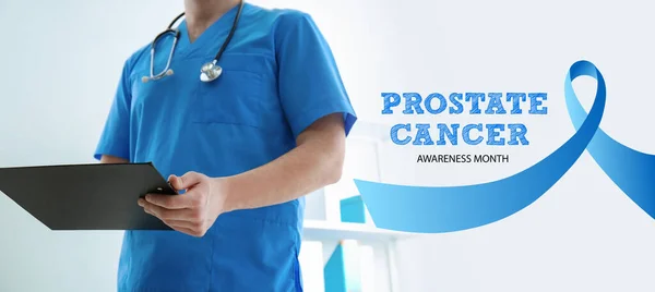 Dottore Nastro Blu Testo Prostate Cancer Awareness Mese Sfondo Chiaro — Foto Stock