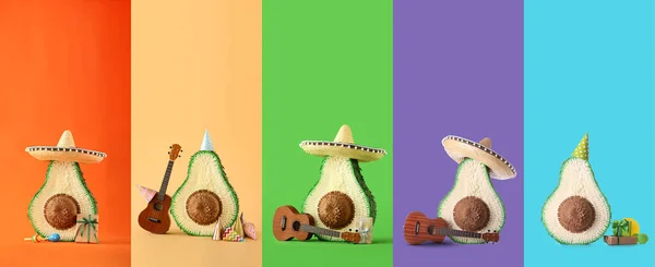 Set Kreatív Mexikói Pinata Sombrero Gitár Színes Háttér — Stock Fotó