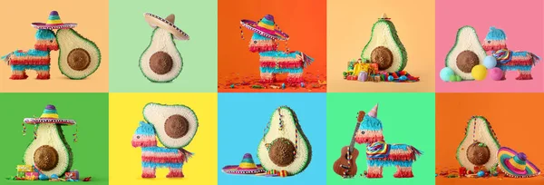 Conjunto Pinatas Mexicanas Criativas Com Sombrero Guitarra Sobre Fundo Cor — Fotografia de Stock