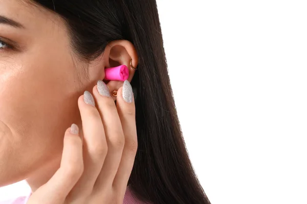 Pretty Young Woman Putting Pink Ear Plug White Background — Stock Photo, Image