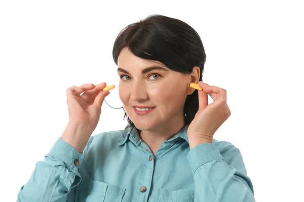 Mature Woman Yellow Ear Plugs White Background — Stock Photo, Image