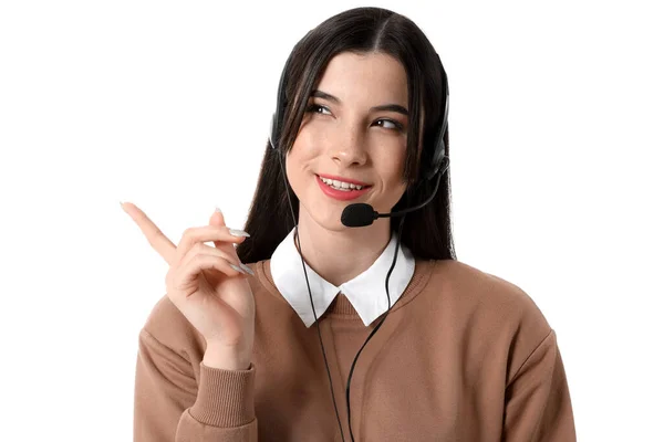 Mooie Consultant Van Call Center Headset Wijzen Naar Iets Witte — Stockfoto