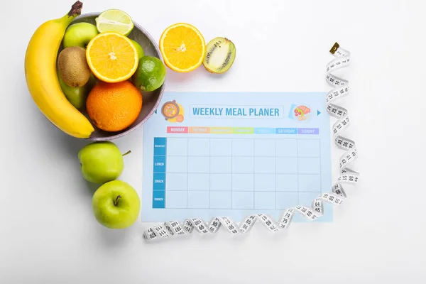 Meal Plan Fruits Measuring Tape White Background — Stock Photo, Image