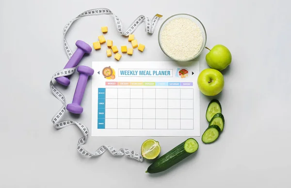Meal Plan Healthy Products Dumbbells Measuring Tape Light Background — Stock Photo, Image