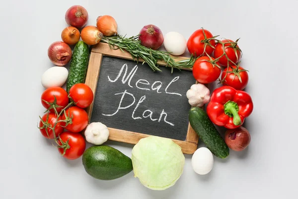 Chalkboard Words Meal Plan Healthy Products Light Background — Stock Photo, Image