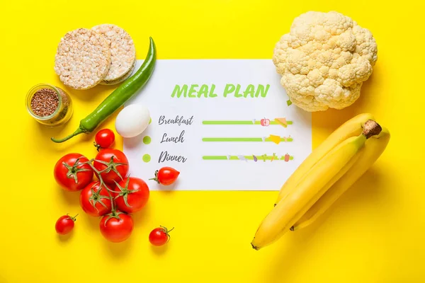 Healthy Products Meal Plan Yellow Background — Stock Photo, Image
