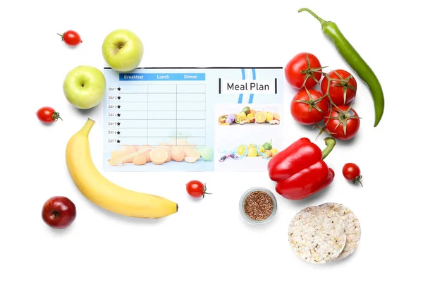 Zdravé Čerstvé Produkty Jídelním Plánem Bílém Pozadí — Stock fotografie