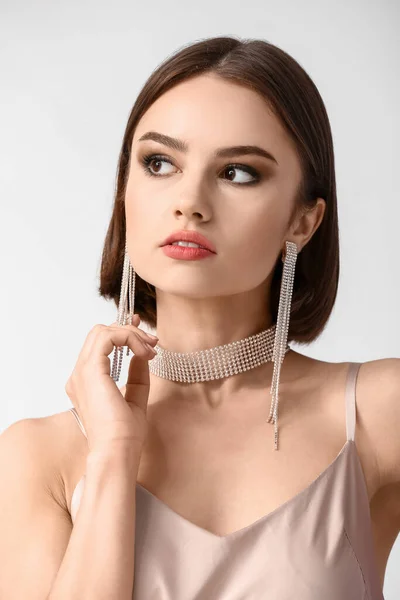Young Beautiful Woman Stylish Jewelry White Background — Stock Photo, Image