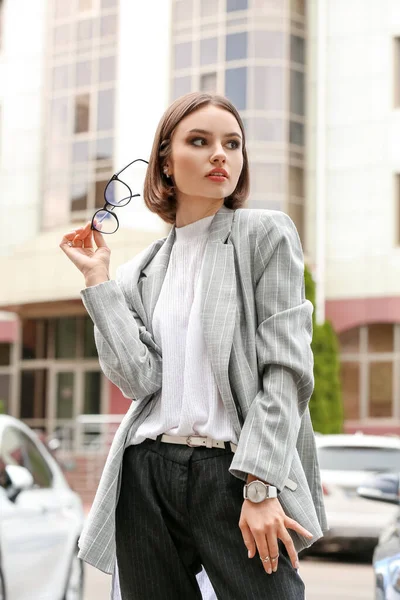 Fashionable Young Woman Holding Stylish Eyeglasses City Street — Stock Photo, Image