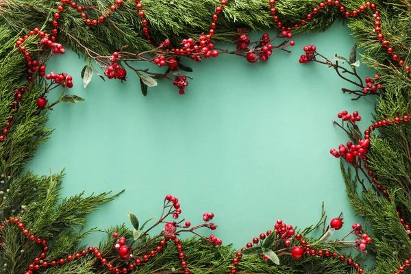 Frame Made Coniferous Branches Beads Berries Color Background Closeup — Stock Photo, Image