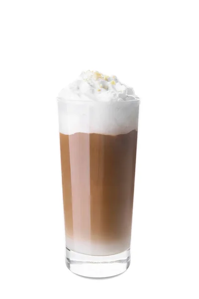 Glas Leckerer Latte Mit Nüssen Auf Weißem Hintergrund — Stockfoto