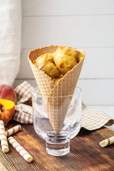Glass Bowl Tasty Peach Ice Cream Waffle Cone Table — Stock Photo, Image