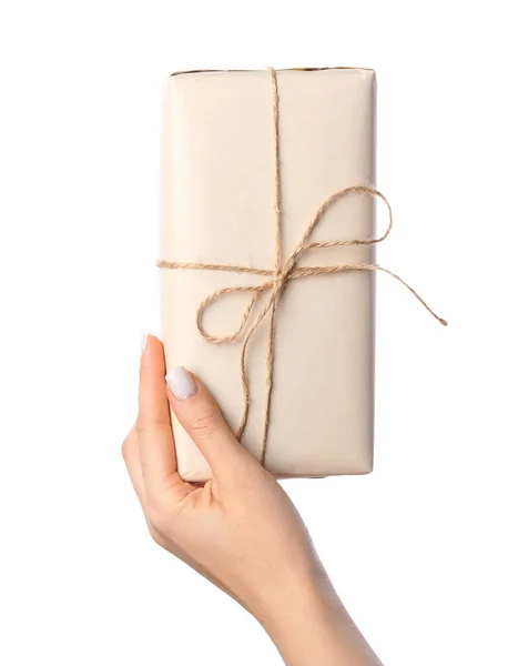 Woman Holding Gift Box White Background Closeup — Stock Photo, Image