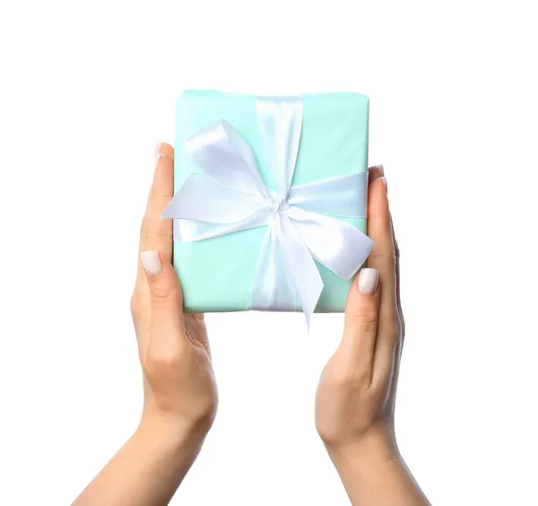 Female Hands Gift Box Isolated White Background Closeup — Stock Photo, Image
