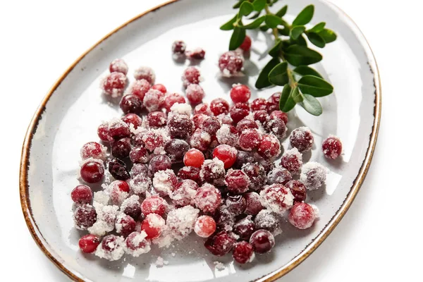 Plate Sugared Cranberry White Background Closeup — Stock Photo, Image